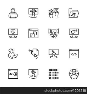 Line icon set related to hacking activity or web security testing. Editable stroke vector. Pixel perfect. Isolated at white background
