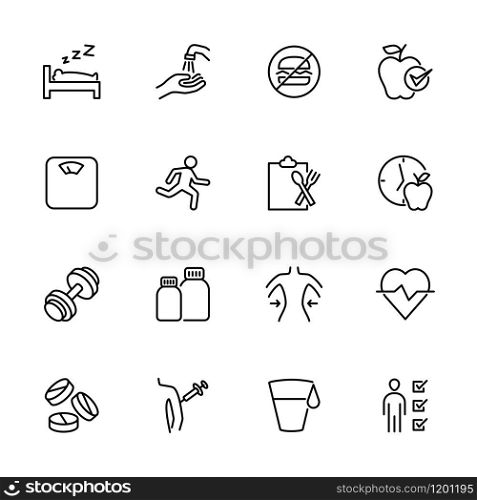 Line icon set related to healthy living. Editable stroke vector. Isolated at white. Suitable for web