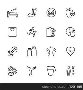 Line icon set related to healthy living. Editable stroke vector. Isolated at white. Suitable for web