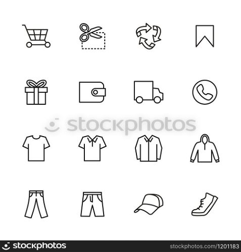 Line icon set related to men casual clothing online shop . Editable stroke vector, isolated at white background
