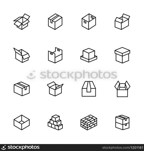 Line icon set related to paper box model and style also stacking method. Editable stroke vector, isolated at white background.