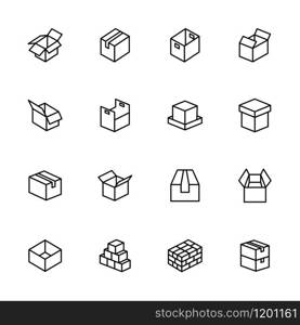Line icon set related to paper box model and style also stacking method. Editable stroke vector, isolated at white background.