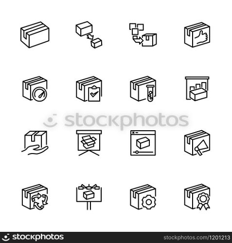 Line icon set related to product or goods treatment. Editable stroke vector. Isolated at white background