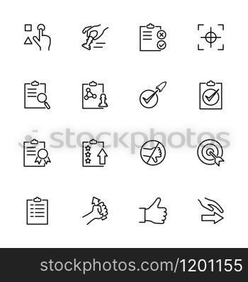 Line icon set related to Protocol of the quality control circle. Editable stroke vector, isolated at white background