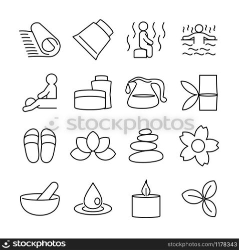 Line icon set related to spa and massage activity, related spa symbol and element. Editable stroke vector, isolated at white background