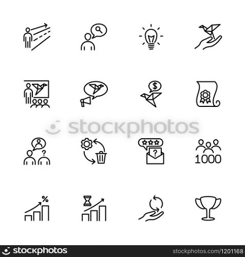 Line icon set related to Start Up starting method. Editable stroke vector, isolated at white background