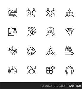 Line icon set related to team development, teamwork or team formation. Editable stroke vector, isolated at white background