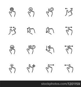 Line icon set related to touch screen finger touching instruction. Editable stroke vector, isolated at white background