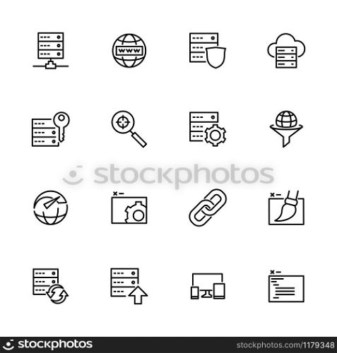 Line icon set related to web service such as domain, hosting, optimization, design and more. Editable stroke vector, isolated at white background