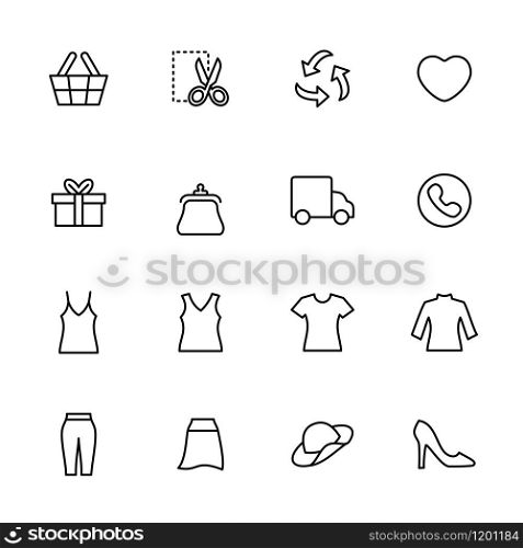 Line icon set related to women casual clothing online shop . Editable stroke vector, isolated at white background