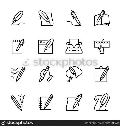 Line icon set related to writing activity, manual hand writing, typewriting and digital typewriting using keyboard. Editable Stroke. Vector isolated at white Background