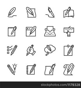Line icon set related to writing activity, manual hand writing, typewriting and digital typewriting using keyboard. Editable Stroke. Vector isolated at white Background