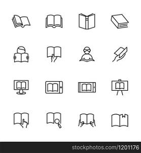 Line icon set related too book, reading activity and document reading adaptive. Editable stroke vector, isolated at white background
