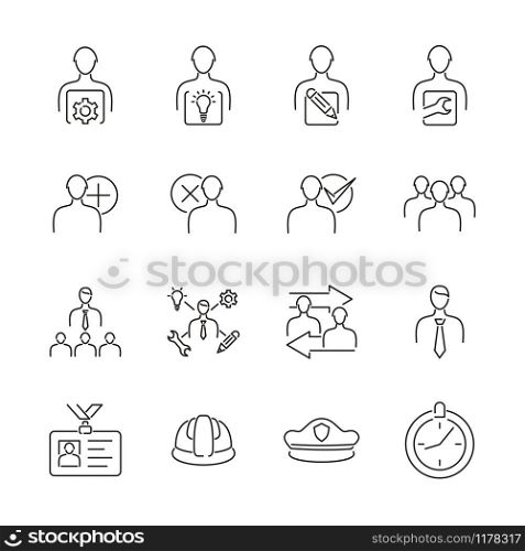 Line icon user or profile by profession, position also for organization, management, employees in an out, professional person name tag, safety helmet, security cap also clock. Art line editable stroke