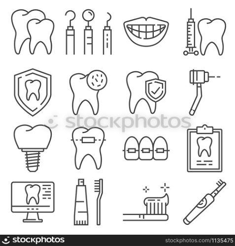 Line icons of dental care and dentist services on white background. Line icons of dental care and dentist services