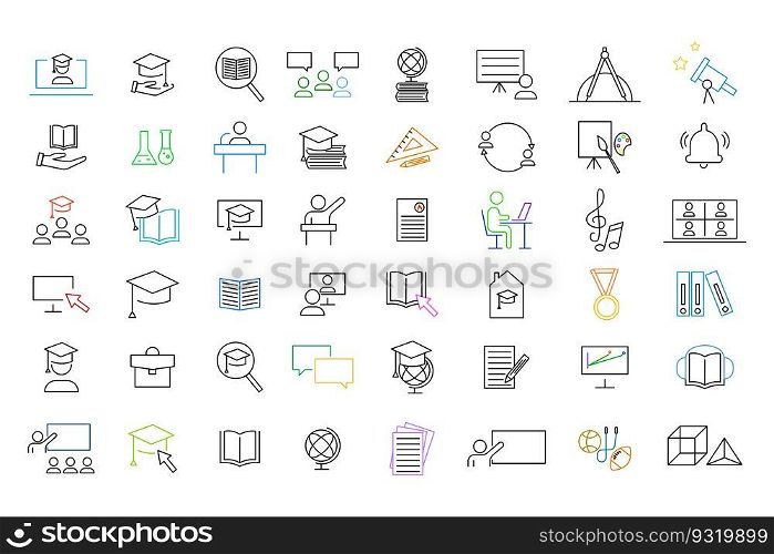 line icons set of discovery new things, adventure, science and chemistry, school measurement items, planet geography. Vector illustration. Stock image. EPS 10.. line icons set of discovery new things, adventure, science and chemistry, school measurement items, planet geography. Vector illustration. Stock image.