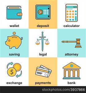 Line icons set with flat design elements of finance objects and banking services. Modern vector pictogram collection concept