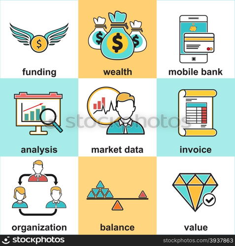 Line icons set with flat design elements of financial investment for development business project, mobile banking and accounting tools. Vector pictogram collection concept