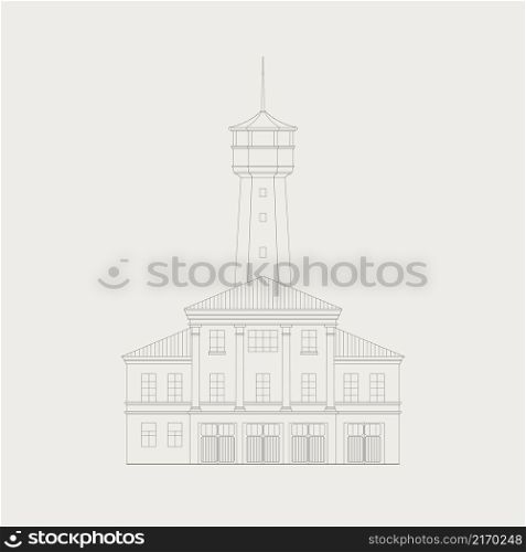 Line illustration of fire station building. The old fire station building.. Line illustration of old fire station building.