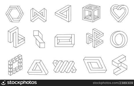 Line impossible shapes. Optical illusion collection. Visual perception delusion. Looped unreal forms. Black and white abstract contour infinite symbols. Vector outline geometric isolated figures set. Line impossible shapes. Optical illusion collection. Visual perception delusion. Looped unreal forms. Black and white abstract infinite symbols. Vector outline geometric figures set