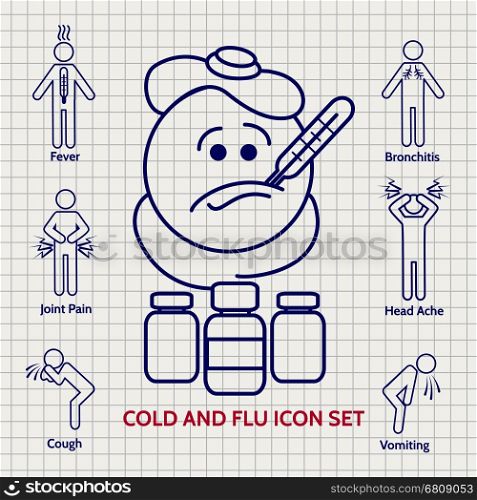 Line Influenza icons set. Line Influenza icons set on notebook page. Vector illustration