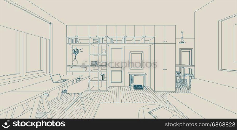 Line interior drawing. Line sketch of the interior living room