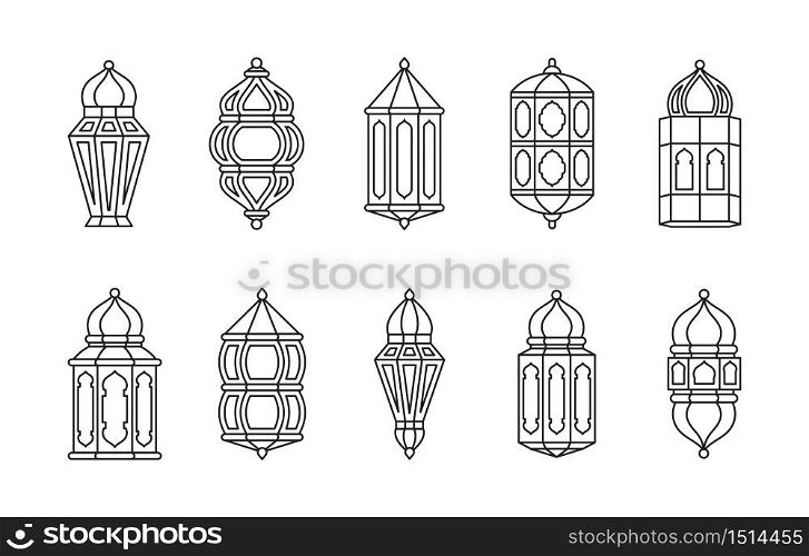 Line Islamic Arabic Lantern Symbol Icon Collection Set Isolated