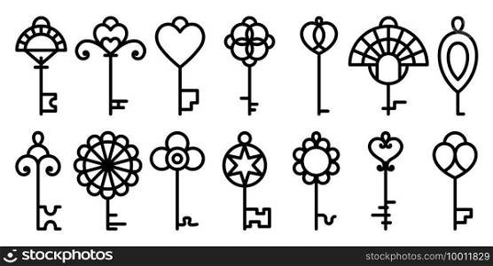 Line keys collection. Black outline illustration. Creative pictograms set. Hearts, flowers, ornament