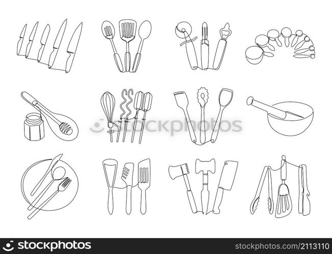 Line kitchen tools. Continuous line doodle cooking utensils, hand drawn plate knife dish and bowl graphic elements. Vector isolated monoline set illustrations cooking tools utensils for food. Line kitchen tools. Continuous line doodle cooking utensils, hand drawn plate knife dish and bowl graphic elements. Vector isolated monoline set