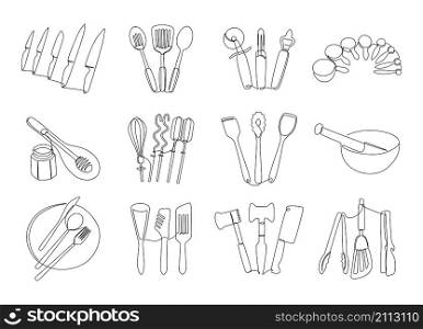 Line kitchen tools. Continuous line doodle cooking utensils, hand drawn plate knife dish and bowl graphic elements. Vector isolated monoline set illustrations cooking tools utensils for food. Line kitchen tools. Continuous line doodle cooking utensils, hand drawn plate knife dish and bowl graphic elements. Vector isolated monoline set