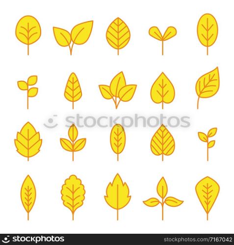 Line leaf yellow icons set on white backgound, vector illustration. Line leaf icons set