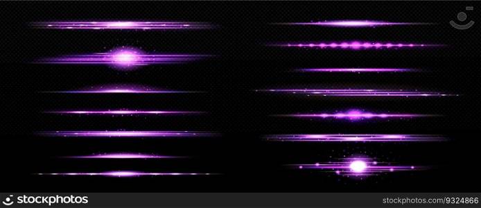 Line lights, glow beams effect. Horizontal streaks of purple glare with bright sparkles. Abstract laser rays, magic shine flares isolated on transparent background, vector realistic set. Line purple lights, glow beams effect