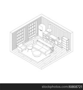 Line living room interior. Line living room interior in isometric view. Illustration of loft apartment with brick wall.