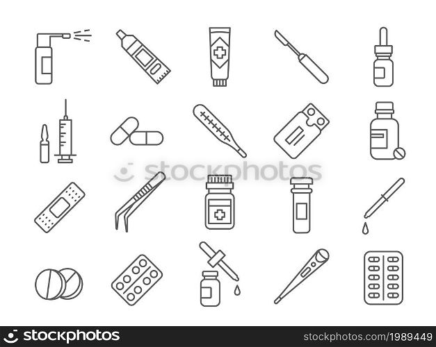 Line medical drug, vaccines, bottles and pills icons. Syringe and ampoule, aerosol, nasal spray, capsule and cream tube. Medicine vector set. Antibiotic tablets, vaccination for curing. Line medical drug, vaccines, bottles and pills icons. Syringe and ampoule, aerosol, nasal spray, capsule and cream tube. Medicine vector set