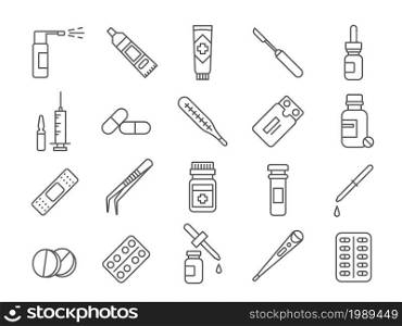 Line medical drug, vaccines, bottles and pills icons. Syringe and ampoule, aerosol, nasal spray, capsule and cream tube. Medicine vector set. Antibiotic tablets, vaccination for curing. Line medical drug, vaccines, bottles and pills icons. Syringe and ampoule, aerosol, nasal spray, capsule and cream tube. Medicine vector set