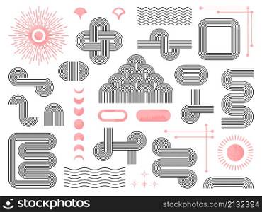 Line mid century art. Arcing elements, abstract scandinavian arch. Minimal geometric vintage shapes. Bohemian decorations, swanky vector set on white. Line mid century art. Arcing elements, abstract scandinavian arch. Minimal geometric vintage shapes. Bohemian decorations, swanky vector set