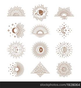 Line moon and sun. Drawing saturn, stars, boho style moons phases. Cosmic outline art, crescent and astronomy symbol, mystic alchemy tidy vector set. Illustration of sun and moon mystic astronomy. Line moon and sun. Drawing saturn, stars, boho style moons phases. Cosmic outline art, crescent and astronomy symbol, mystic alchemy tidy vector set