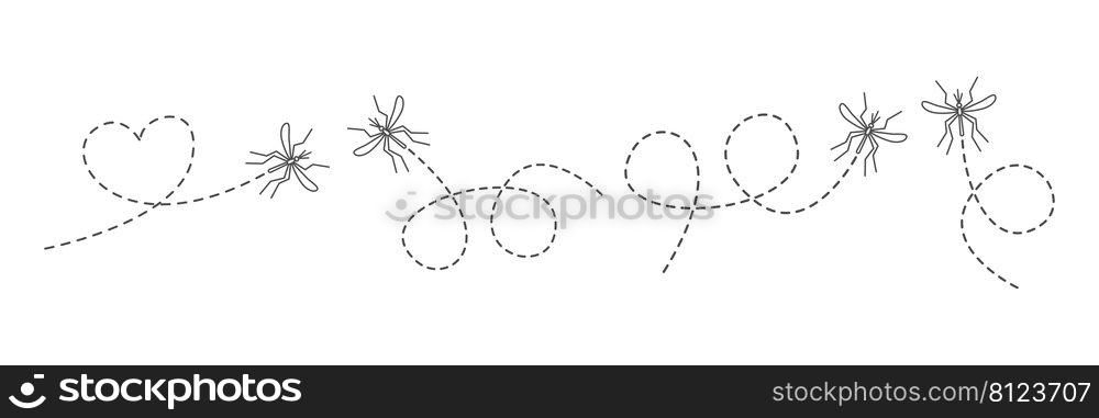 Line mosquito icon set. Mosquitoes insects flying on dotted route. Vector isolated on white background. 