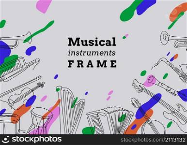 Line music background. Abstract contemporary framing with continuous line jazz and orchestral instruments. Vector music show placard design arts musical instruments. Line music background. Abstract contemporary framing with continuous line jazz and orchestral instruments. Vector music show placard