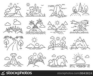 Line nature landscape. Forest trees, mountain, tropical sea island, desert and volcano. Outdoor adventure and hiking outline icon vector set. Illustration landscape environment, nature forest drawing. Line nature landscape. Forest trees, mountain, tropical sea island, desert and volcano. Outdoor adventure and hiking outline icon vector set