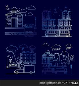 Line night city landscape vector banners set. Illustration of landscape building city and urban house. Line night city landscape vector banners set