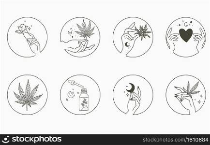Line object collection with hand, cannabis,bottle,dropper,star,circle