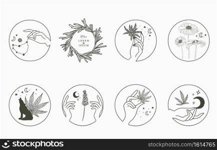 Line object collection with hand, cannabis,lavender,sunflower,moon