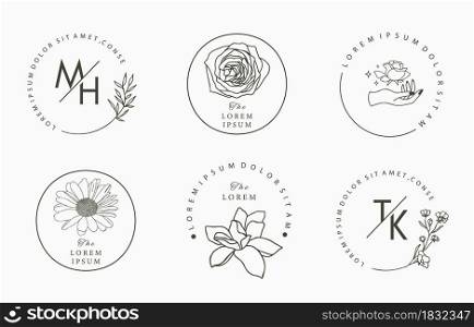 Line object collection with hand,magnolia,rose,lavender,leaf,flower,sunflower