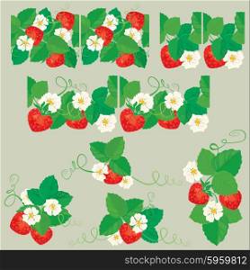 Line ornament with Strawberries in heart shapes with flowers and leaves isolated on gray background. Pattern endless fragments and vignettes.