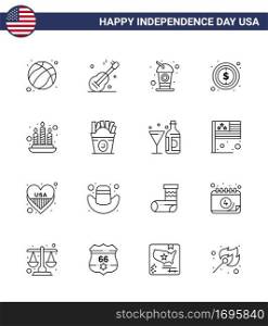 Line Pack of 16 USA Independence Day Symbols of fire  sign  bottle  dollar  usa Editable USA Day Vector Design Elements