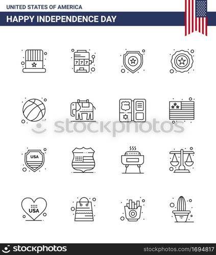 Line Pack of 16 USA Independence Day Symbols of football; american; shield; usa; police Editable USA Day Vector Design Elements