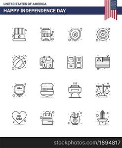 Line Pack of 16 USA Independence Day Symbols of football; american; shield; usa; police Editable USA Day Vector Design Elements