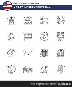 Line Pack of 16 USA Independence Day Symbols of party  star  gun  protection  head Editable USA Day Vector Design Elements