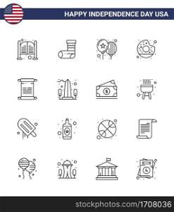 Line Pack of 16 USA Independence Day Symbols of scroll  yummy  gift  round  party Editable USA Day Vector Design Elements